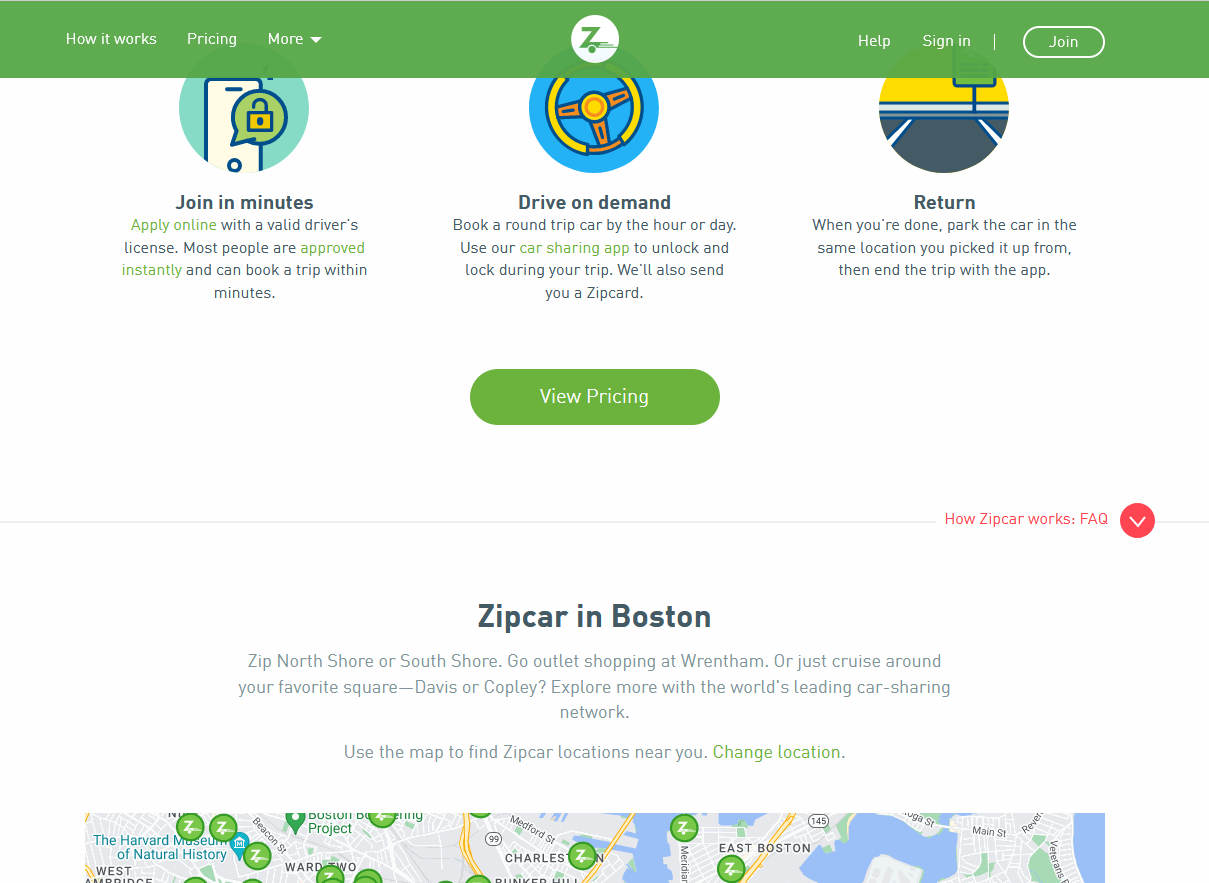 zipcar homepage in Boston