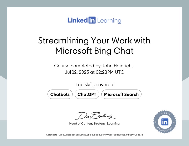 Certificate Of Completion: Streamlining Your Work with Microsoft Bing Chat